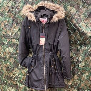 Ladies Long Adjustable Waist Faux Fur Hoodie Coat Fully Fur Lined Jacket